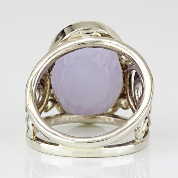 Vintage 14k Yellow Gold Oval Cabochon Lavender Jade Anniversary Scroll Ring - Picture 5 of 7